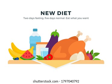 New diet vector flat illustration. Two days fasting, five days normal. Eat what you want.