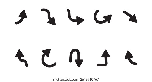 New, different black arrow icon set. Right, left, up, and down direction signs. combination of a draw and a hand-written symbol. isolated on a white background. eps vector illustration. 