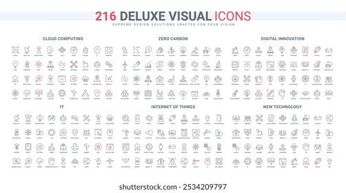 New digital innovation and smart equipment of IoT line icon set. Carbon emissions control and green energy, IT, cloud settings and access thin black and red outline symbols vector illustration