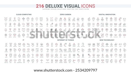 New digital innovation and smart equipment of IoT line icon set. Carbon emissions control and green energy, IT, cloud settings and access thin black and red outline symbols vector illustration