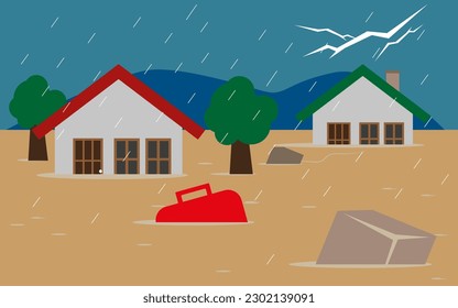 New and dramatic flood and heavy rain disaster eps flat vector illustration image suitable for article illustration about flood natural disaster and textbook illustration