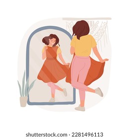 New dress isolated cartoon vector illustration. Girl trying on dress in front of mirror, teen has new clothing and accessories, teenagers wardrobe, fashion and lifestyle vector cartoon.