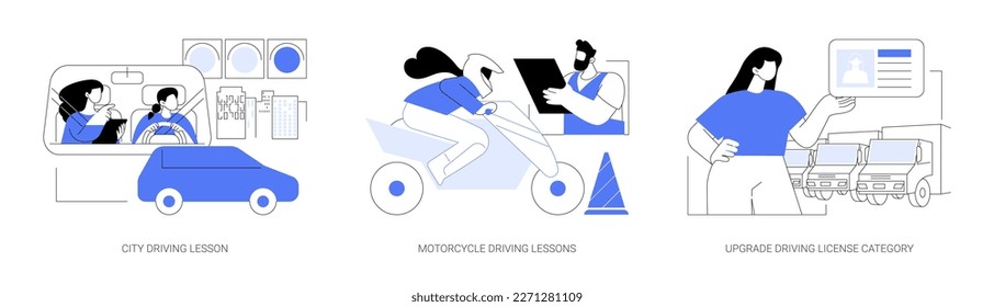 Nuevo conjunto de ilustraciones vectoriales de concepto abstracto de licencia de conducción. Clases de conducción en la ciudad, entrenamiento en motocicleta, paseo en bicicleta, categoría de licencia de conducción de actualización, metáfora abstracta del instructor personal.