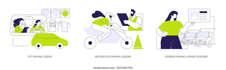 Conjunto de Ilustración vectorial de concepto abstracto de Licencia de conducción Nueva. Lección de conducción de la ciudad, entrenamiento de motocicletas, paseo de práctica, categoría de Licencia de conducción Mejorar, metáfora abstracta de instructor personal.