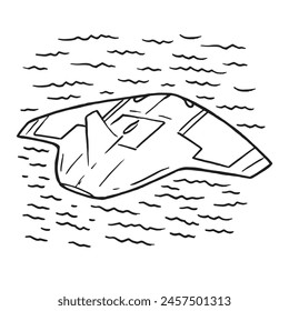 Neues Drohnen-U-Boot für schnellen Wasserbetrieb Handgezeichnete Konturzeichnung. Manta Ray benannte Unterwasser-Geheim-Militärfahrzeug einfache Stift Zeichnung Dekoration. Vereinzeltes Cartoon-Kriegsschiff mit Wellen