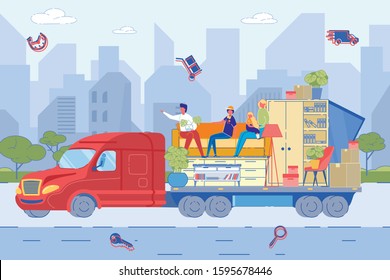 New Dwelling and Apartment Relocation. Open Van or Truck Full with Furniture and Happy Family, Man, Women and Children Cartoon Characters Sitting on Sofa. Trendy Flat Cartoon Vector Illustration.
