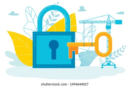 New Dwelling Place Concept Vector Illustration. Building Crane Carrying Huge Key to Closed Padlock. Finding Answers, Complex Problem Solution Metaphor. Decoding Encrypted Data Symbol