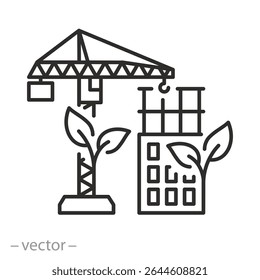 icône de nouveau site de construction écologique, maison bio, grue de construction dans un quartier résidentiel environnemental, architecture écologique, bâtiment vert, symbole de ligne mince - illustration vectorielle d'accident vasculaire cérébral modifiable
