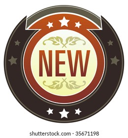 New e-commerce icon on round red and brown imperial vector button with star accents suitable for use on website, in print and promotional materials, and for advertising.