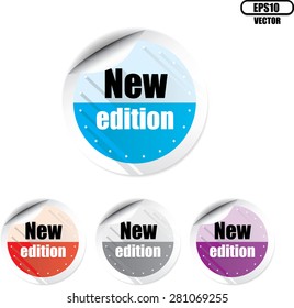 New edition colorful  label, sticker, sign, icon and stamp with crown on white, vector illustration