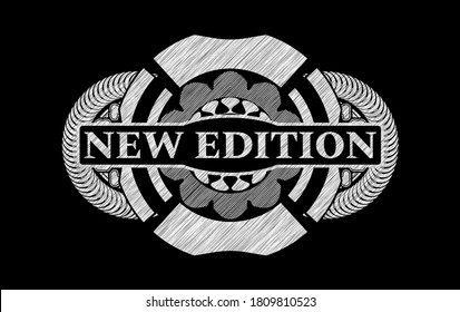 Neuer Text in Kreide-Button. Chalkboard, klassischer Hintergrund. Künstlerische Illustration. 
