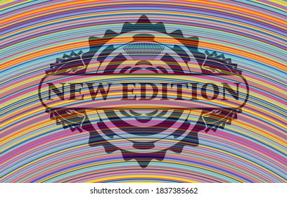 New edition text inside colorful emblem. Showy exquisite background. Intense illustration. 