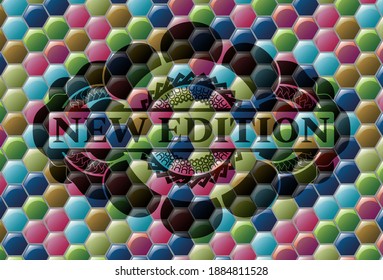 New edition text inside Colorful candy multicolored realistic badge. Hexagon classic background. Artistic illustration. 