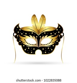new elegant black and golden carnival mask with golden feathers on white background