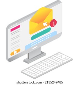 Nuevo icono de comprobación de correo electrónico en el vector de computadora portátil. Confirmación de apertura de correo, signo de notificación de boletín, verificación de dirección isométrica 3d