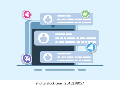 New Email Concept displayed on computer screen, email marketing, online business strategy, advertising, email newsletter, sending messages, marketing materials. Flat vector illustration.