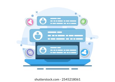 Nuevo concepto de correo electrónico que se muestra en la pantalla de la computadora, marketing por correo electrónico, estrategia de negocios en línea, publicidad, boletín de correo electrónico, envío de mensajes, materiales de marketing. Ilustración vectorial plana.