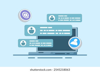 Novo conceito de e-mail exibido na tela do computador, marketing por e-mail, estratégia de negócios on-line, publicidade, newsletter por e-mail, envio de mensagens, material de marketing. Ilustração de vetor plano.