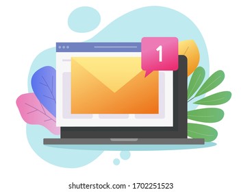 New email or electronic mail notice vector message on laptop computer or inbox incoming notification on pc screen flat cartoon colorful illustration, concept of digital or internet letter icon modern