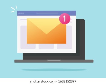 New email or electronic mail notification vector message on laptop computer or inbox incoming notice on pc screen flat cartoon illustration, concept of digital or internet letter icon modern design