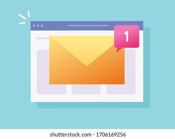 Nuevo correo electrónico o notificación de agente web de correo electrónico mensaje vectorial en el sitio web o en la bandeja de entrada de entrada en el navegador ilustración de caricatura plana, concepto de carta digital o de Internet icono diseño moderno