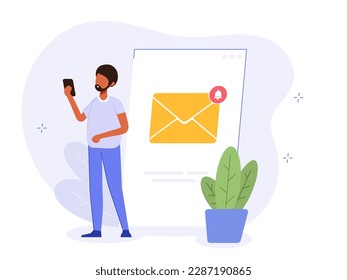 Nuevo concepto de ilustración de correo electrónico. Recibe una notificación en tu teléfono sobre un nuevo correo electrónico. Email marketing creativo vector plano.