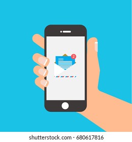 new email in in-box notification on smartphone. illustration mobile with envelope, paper with bubble and hand