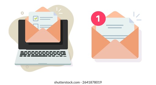 New email mail message reminder in open envelope icon vector graphic illustration set, vote form list letter received on pc computer screen notice notification flat modern image