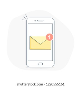 New email, mail notification on mobile phone display. Smartphone screen with new unread e-mail message, sms, yellow unread envelope, inbox mail concept. Flat outline isolated vector illustration.