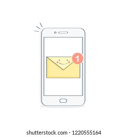New email, mail notification on mobile phone display. Smartphone screen with new unread e-mail message, yellow funny envelope with face, inbox mail concept. 