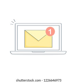 New email, mail notification on laptop computer display. Laptop computer screen with new unread e-mail message, yellow envelope with notification, new inbox mail concept. 