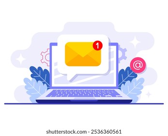 A new email message notification on laptop screen, Email marketing flat illustration, Online business strategy, Advertising, Email newsletter, messaging, Marketing material concept