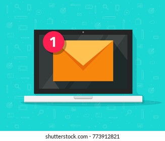 New email newsletter notice on laptop vector illustration, flat cartoon design of computer and e-mail envelope with notification received, electronic mail or letter on screen isolated icon