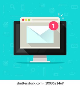 New email notice on computer vector, flat cartoon design of desktop pc, e-mail envelope with notification received and browser, idea of newsletter message, electronic mail or letter on screen