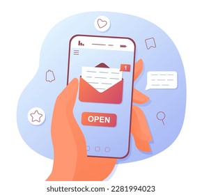 New email notification. Business correspondence on Internet, communication and interaction. Interface of program and application for smartphone. Unread message. Cartoon flat vector illustration