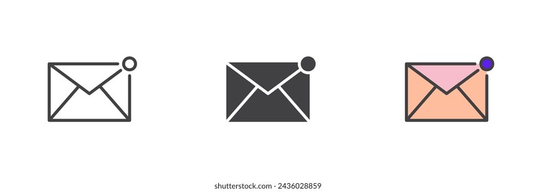 Nuevo, notificación por correo electrónico diferente conjunto de iconos de estilo. Línea, glifo y contorno relleno versión colorida, contorno y signo de vector relleno. Nuevo símbolo de mensaje de correo electrónico, ilustración de logotipo. Gráficos vectoriales