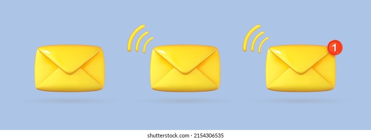 New email notification icon set. Volumetric yellow Envelope. Unread mail logo. 3d cartoon vector illustration.