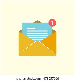 New email notification in in-box, illustration envelope with paper and bubble notification