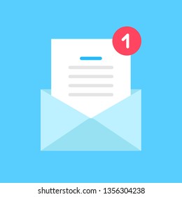 New email notification, new incoming message concepts. Vector icon. E-mail message, opened envelope with document and red icon with number 1. Modern flat design