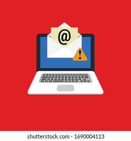 nueva notificación de correo electrónico: portátil y sobre con icono y signo de aviso.Ilustración conceptual vectorial en diseño plano.Aislado en segundo plano.
