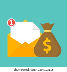 New email notification. Message envelope with money bag icon vector illustration in flat design