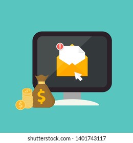 New email notification on computer and money bag. Marketing concept icon 
