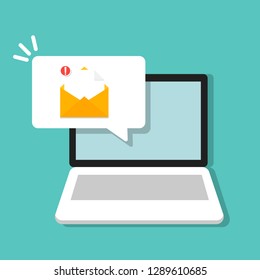 New Email Notification On Laptop, Computer Symbol  Flat Cartoon Design