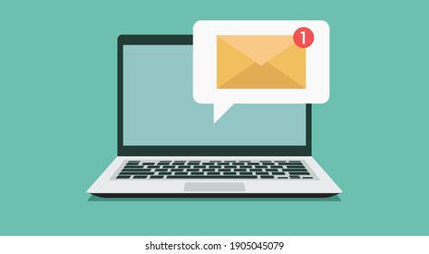 New Email Notification On Laptop Computer Screen Concept, Flat Vector Illustration