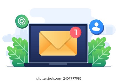 New email notification on laptop computer display screen flat vector illustration, Direct digital marketing, Unread message reminder, Email marketing concept for web banner, landing page, infographic