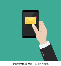 New email notification on mobile phone , smartphone screen with new unread e-mail message and read mail envelope icons. Vector illustration in flat style