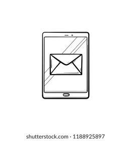 New email notification on mobile phone hand drawn outline doodle icon. Red e-mail message, inbox concept. Vector sketch illustration for print, web, mobile and infographics on white background.