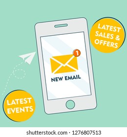 New email notification on mobile phone , smartphone screen with new unread e-mail message and read mail envelope icons. email marketing concept. Vector illustration in flat style - Vector