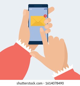 New email notification on mobile phone in hand. Flat vector illustration