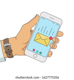 New email notification on mobile phone. Hand holding smartphone screen with new unread message. Vector illustration in flat style. Incoming post or sms.